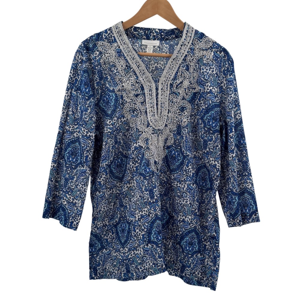 Charter Club Womens XL Blue‎ Paisley Embroidered Tunic Top Cotton Boho